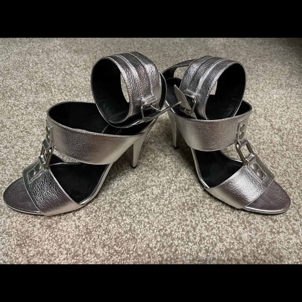 SAINT LAURENT Fetish Silver Metallic TStrap Cuff Ankle Strap Stiletto 36.5